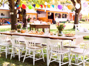 social events image of an outdoor party decorated with a long food table and lots of chair seating.